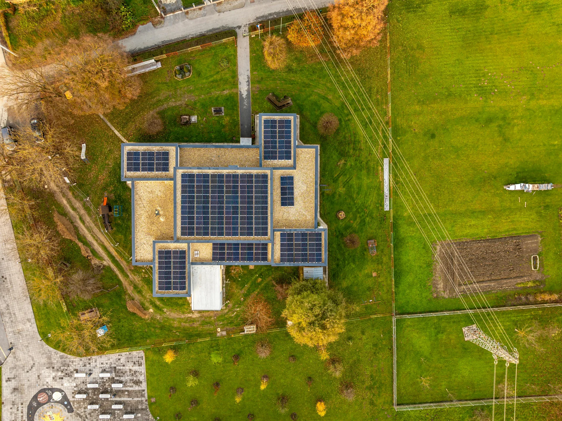 Aerial view of solar panels on house